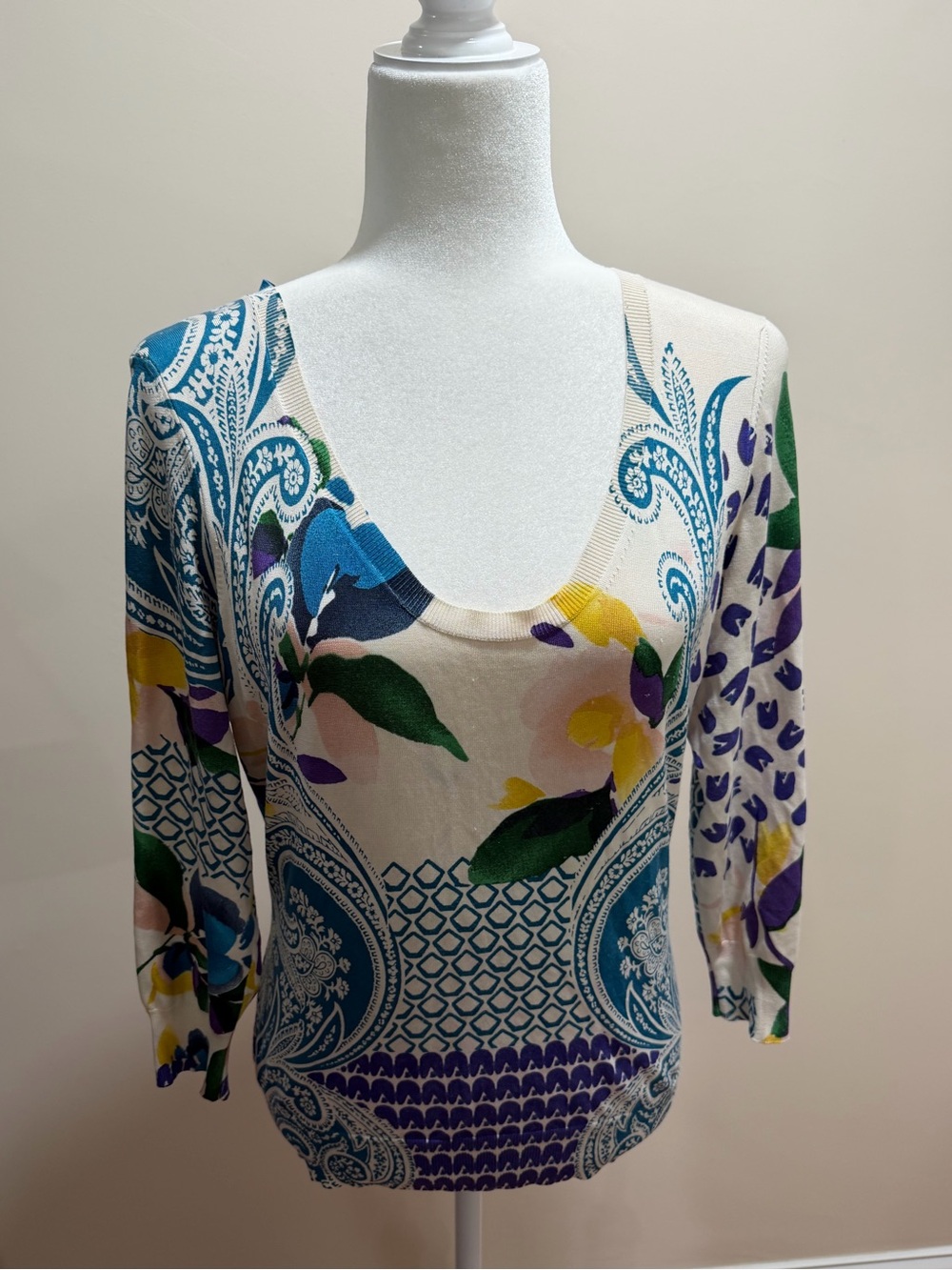 Etro Floral & Paisley Silk & Elastane Blend 3/4 Sleeve Top Sz. 46 (10)